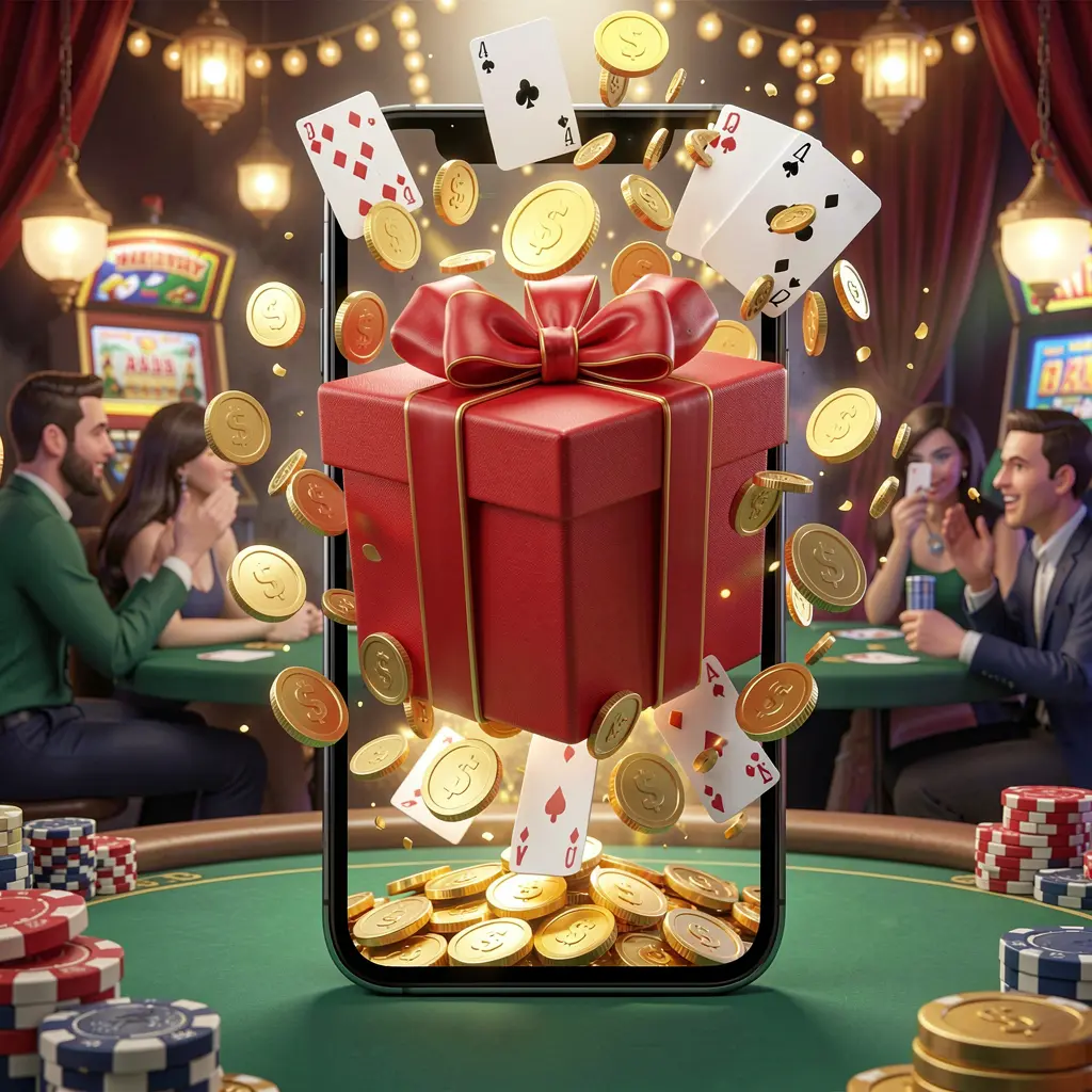 POGI88 mobile casino bonus app concept showing a phone screen with a gift box and coins bursting out in a festive casino atmosphere, premium 3D illustration