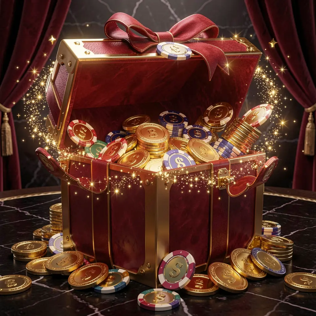 POGI88 no deposit casino bonus concept featuring a glowing gift box filled with free casino chips and golden coins against a luxury dark background with magical sparkle effects creating an exciting reward atmosphere