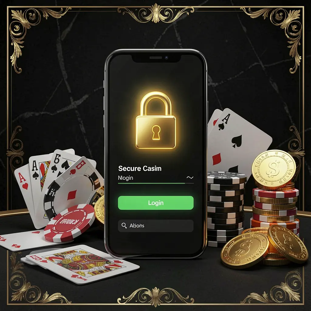 POGI88 secure casino account login concept with glowing lock icon on smartphone screen surrounded by poker chips, playing cards, and golden coins on an elegant black and gold background