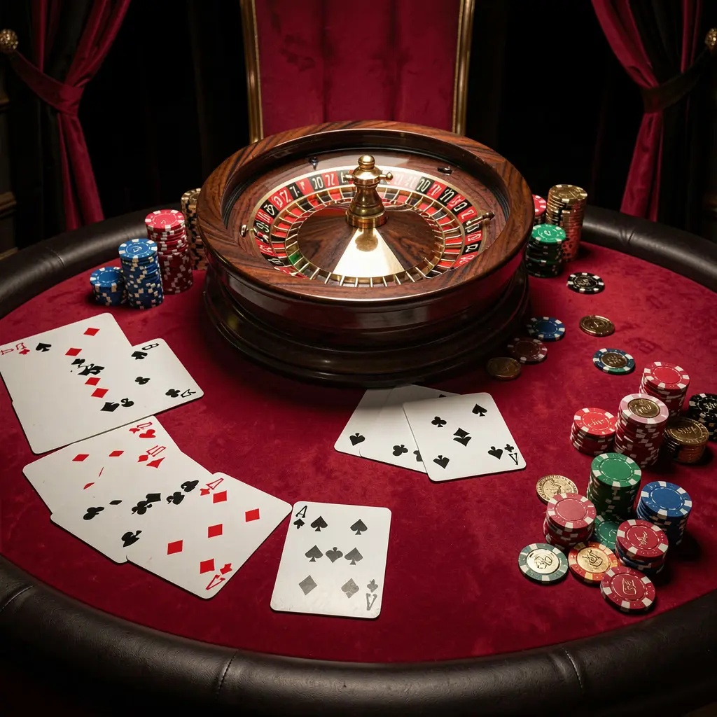 POGI88 online casino platform hero image featuring an elegant gaming table with roulette wheel, blackjack cards, poker chips, and coins under luxury cinematic lighting with a black and red background